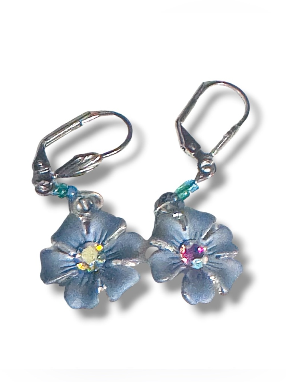 Handcrafted Blue Flower Drop Earrings with Crystal Centers